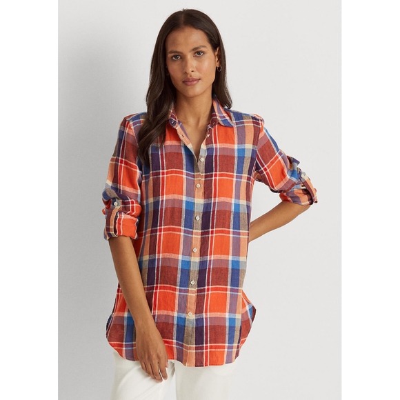 Lauren Ralph Lauren Tops - Lauren Ralph Lauren Plaid Linen Roll-Tab Sleeve Button Up Blouse Women's Large